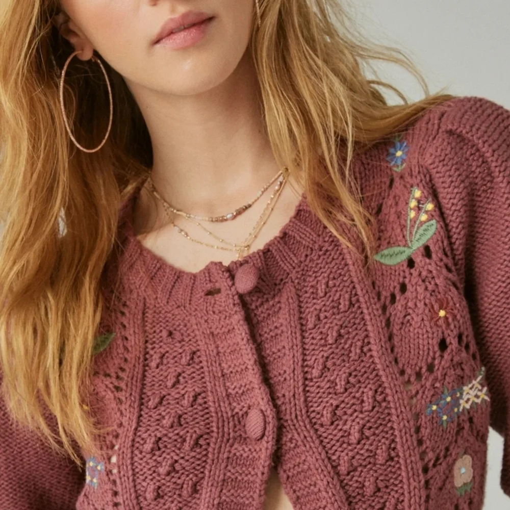Lucky Brand Dusty Rose Embroidered Cable Knit Cardigan